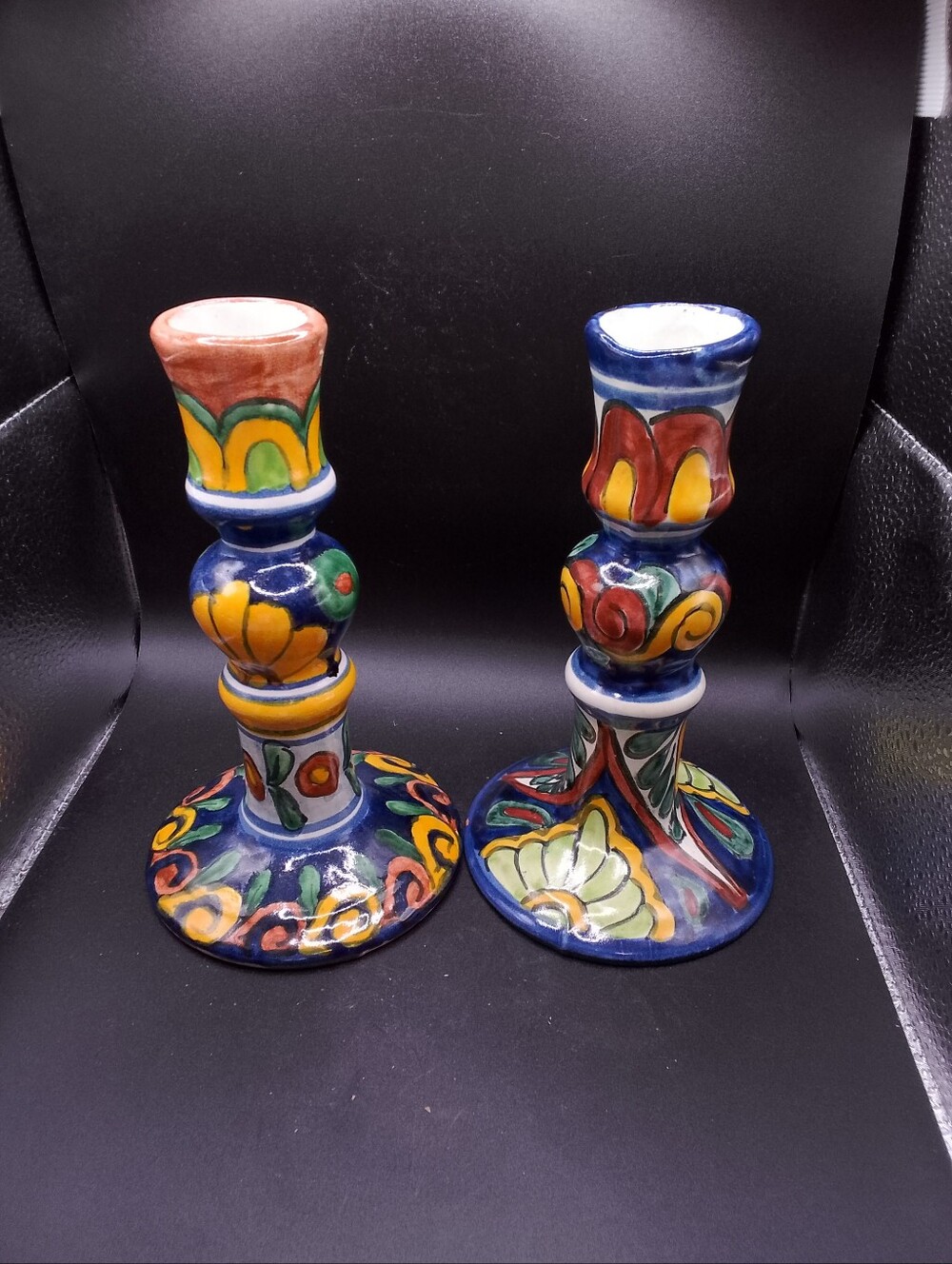 Talavera Candlesticks 2 Floral Handpainted Mexican Pottery Folk Art 8" Taper